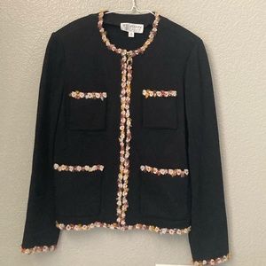 St. John Collection Embroiderd Floral Knit Blazer Jacket ZIP Front Fall 04